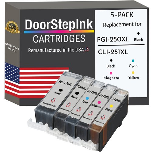 DoorStepInk Brand for Canon 1 PGI-250XL Black / CLI-251XL 1 Black and 3 Colors Remanufactured in the USA Ink Cartridges 5-Pack